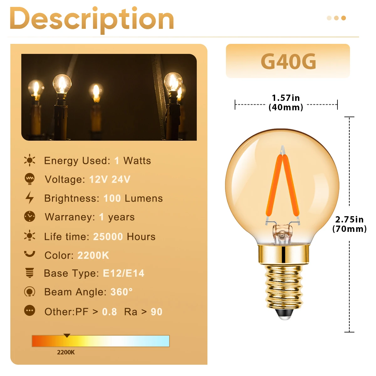 خمر G40 LED لمبة ، E14 ، 1 واط ، خيوط مصباح ، 12 فولت ، 24 فولت ، الدافئة الأبيض ، قلادة الثريا ، استبدال ، داخلي غلوب المصابيح ، ديكور المنزل