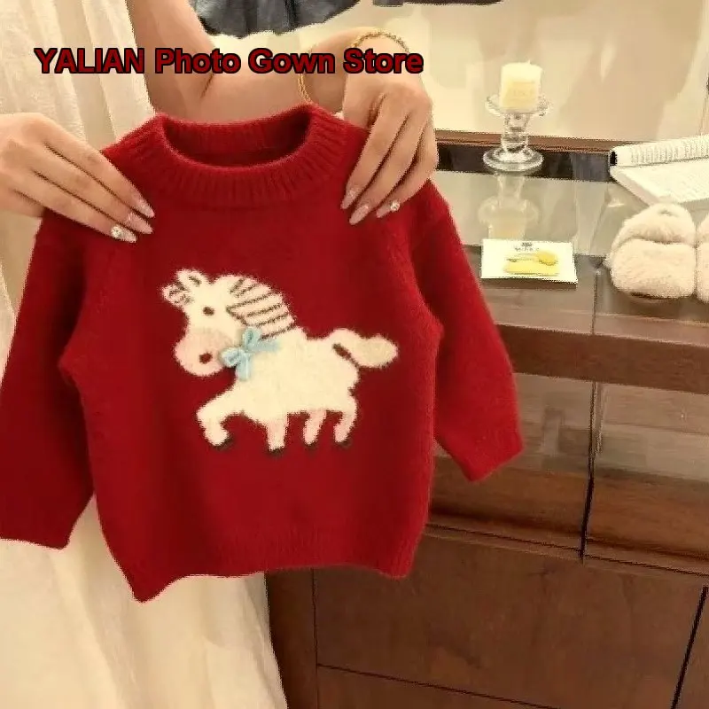 Girls Long Sleeves Knit Top Autumn Winter Fashionable Horse Pattern Base Layer Top Kids