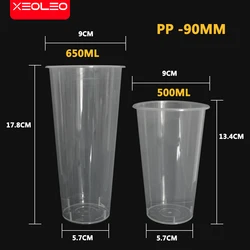 XEOLEO 500 szt. Kubek do Bubble tea ɸ90mm PP przezroczysty 500ml/700ml bez pokrywki do herbata mleczna/wyciskania soku/sklepu z zimny napój