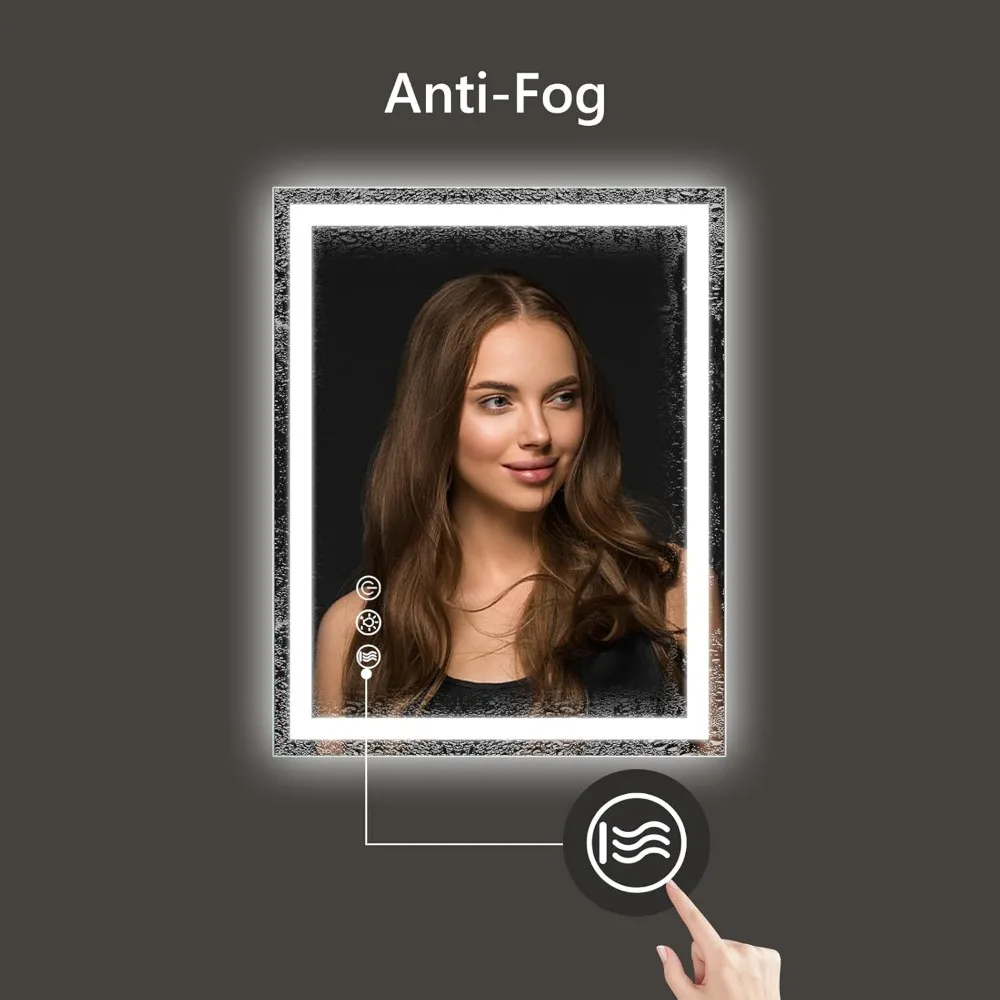 20x28 Inch LED-Illuminated Bathroom Mirror with Front and Back Lighting, 3-Color Makeup Mirror, Memory Function, and Anti-Fog Te