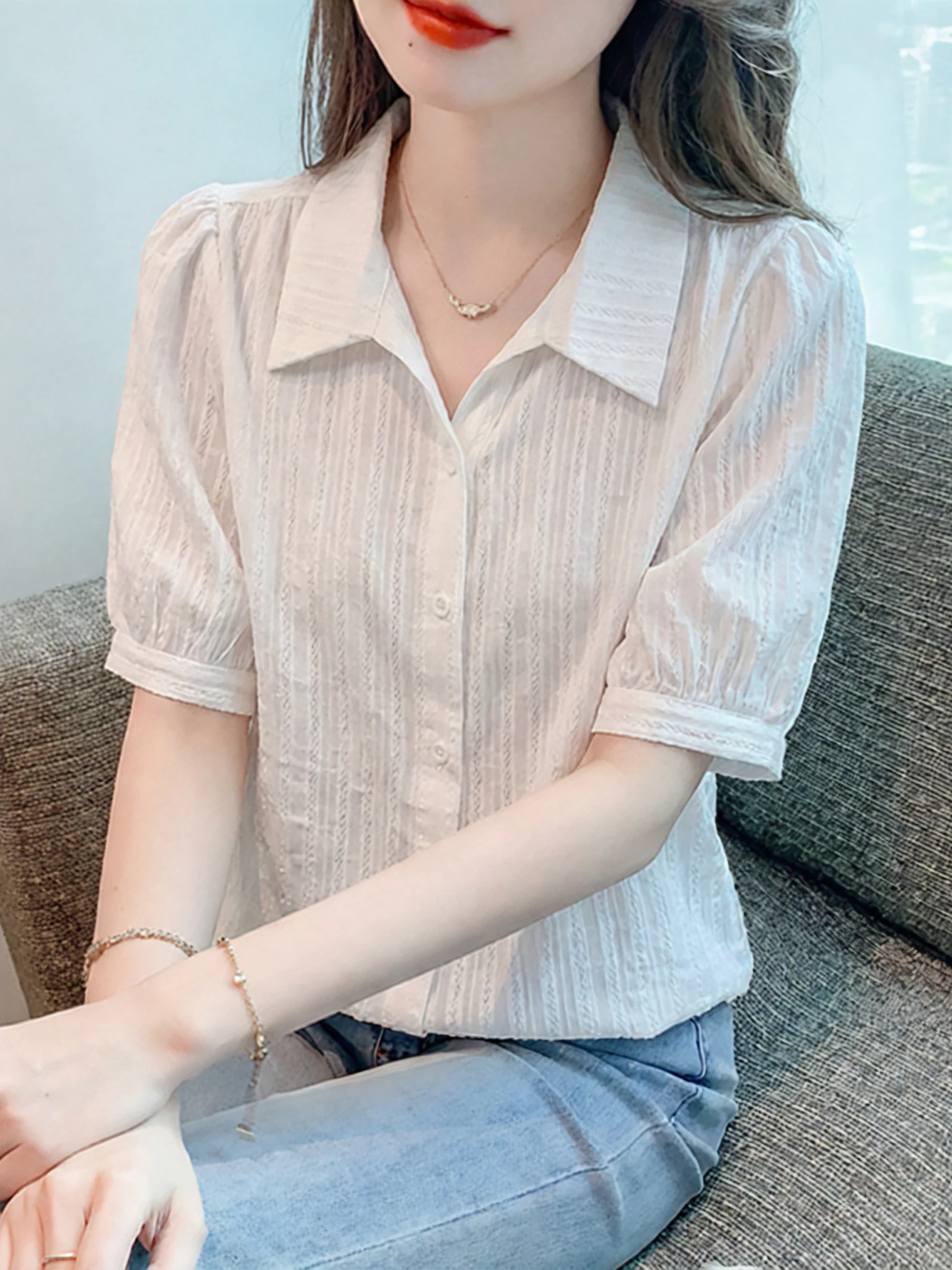 Loose Bubble Sleeve Striped Texture Pure Cotton Shirt Women's Korean Style Fashion Slimming Top Summer 2026 New Arrival