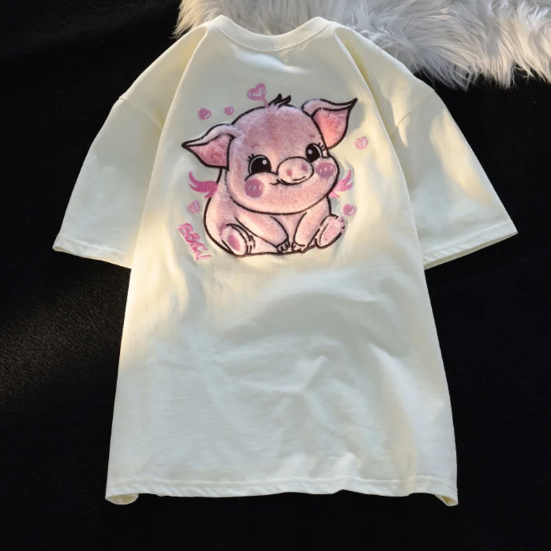 Adorable Pink Pig Plush Embroidery Short Sleeve Women\'s T-Shirt Teen Girls Cute Plush Flocking Kawaii Tee Shirt Preppy Clothes