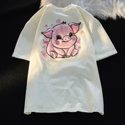 Adorable Pink Pig Plush Embroidery Short Sleeve Women's T-Shirt Teen Girls Cute Plush Flocking Kawaii Tee Shirt Preppy Clothes