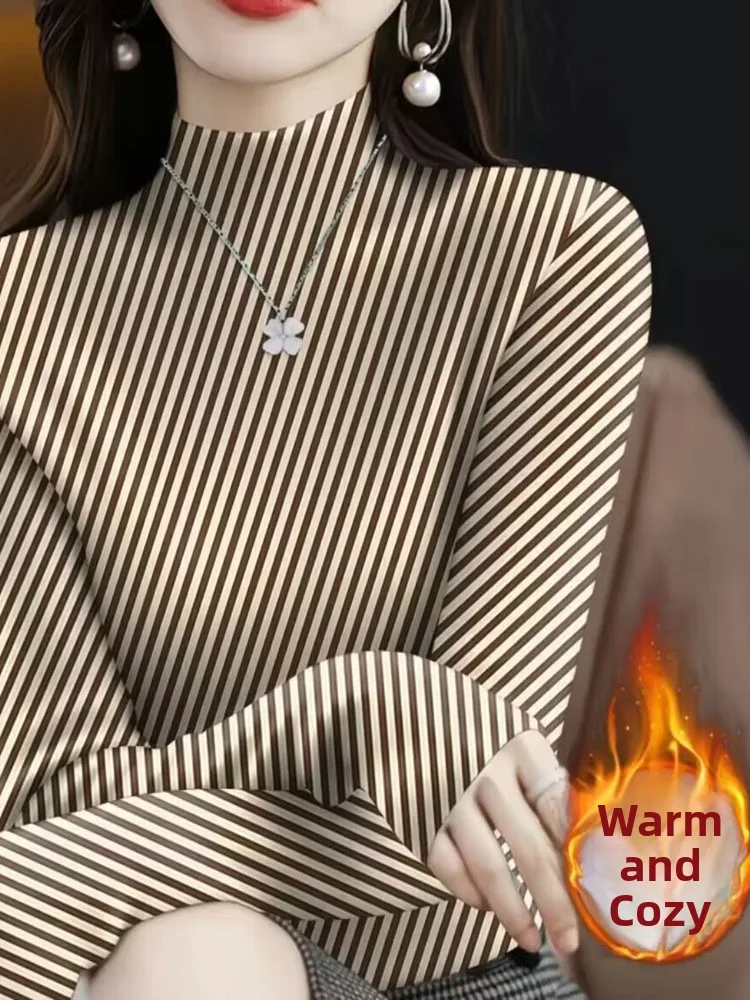 Women's Long Sleeve T-shirt High Neck Thermal Print Casual Fit Fashionable Windproof Comfortable Half High Collar Top