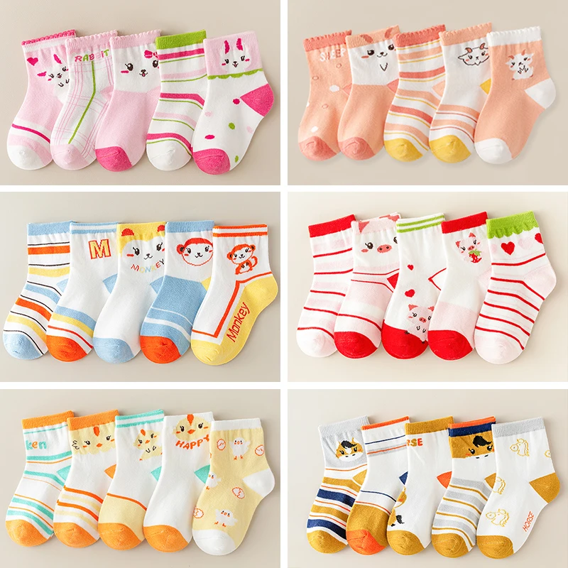 5 pares de calcetines para niños con estampado animal, cómodos, transpirables, informales, suaves, calcetines finos para niños