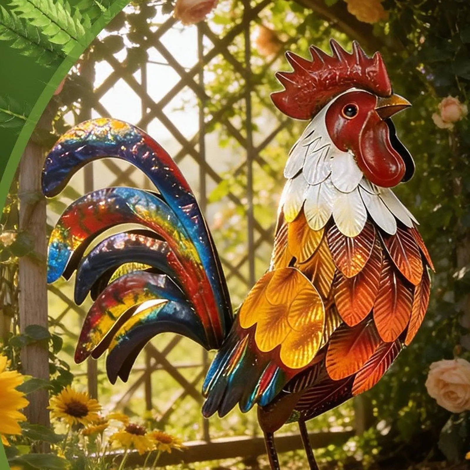 Wrought Iron Rooster Garden Statue Weatherproof Animal Ornament for Outdoor Yard Patio Landscape