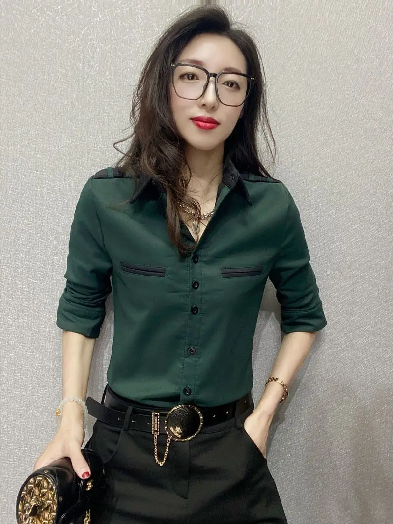 Luxury Fashion Office Lady Women 2024 Spring New Korean Slim Shirt Long Sleeved Lapel Collar Contrasting Colors All-match Tops