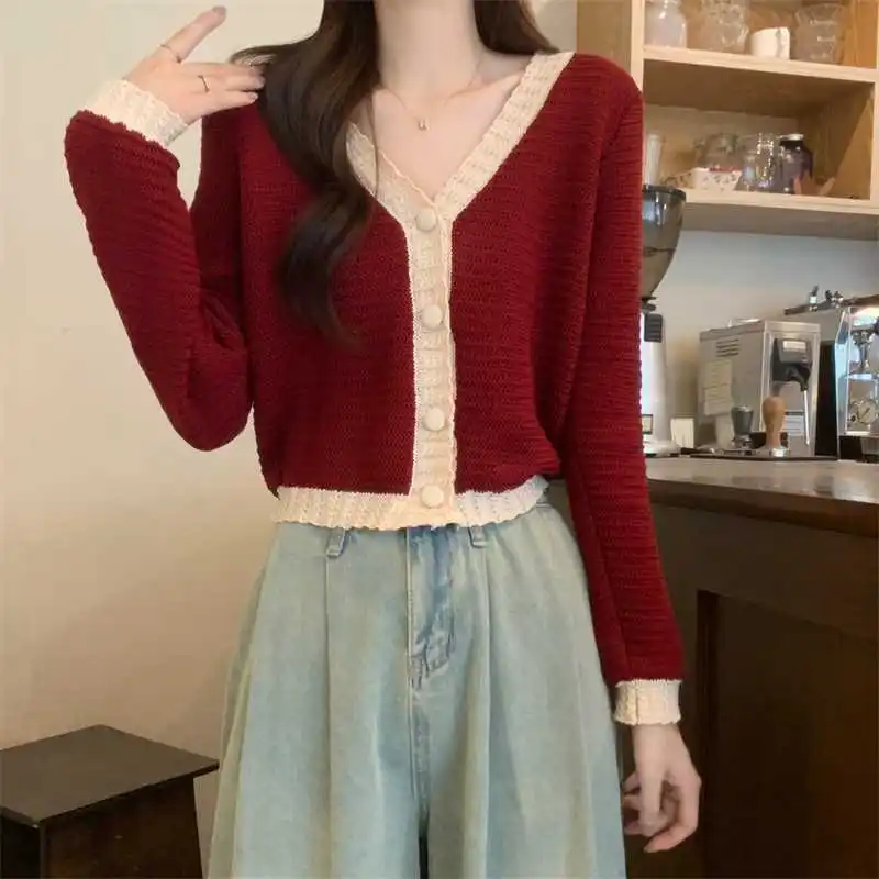 V-neck Knitting Cardigan Women Autumn Winter Casual Slim Solid Color Long Sleeve Sweater All-match Office Lady Knitwear Tops