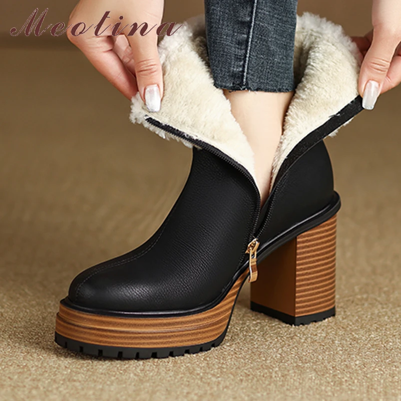 

Meotina Women Genuine Leather Ankle Boots Round Toe Platform Thick High Heels Wool Zipper Short Boot Ladies Fashion Shoes Winter