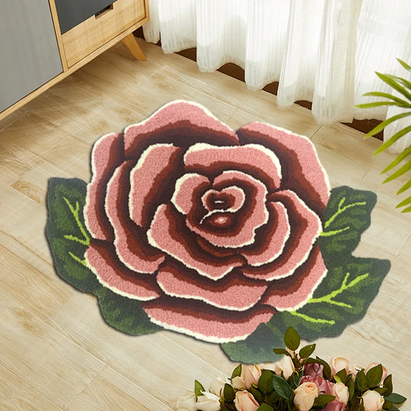 3D Rose Flower Carpet Home Area Rug 80X58cm Embroidery Floral Flower Mat Bathroom Pad Doormat Living Room Bedside Mat Home Decor