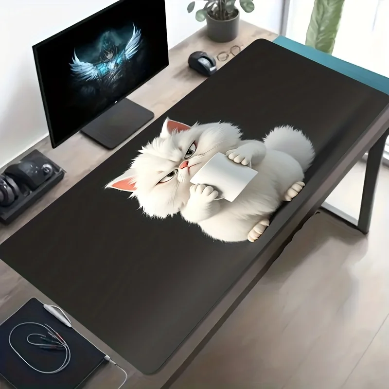 

Большой игровой коврик для мыши с милой белой чашкой кота, нескользящий резиновый коврик для офисного компьютера, аксессуар для стола геймера