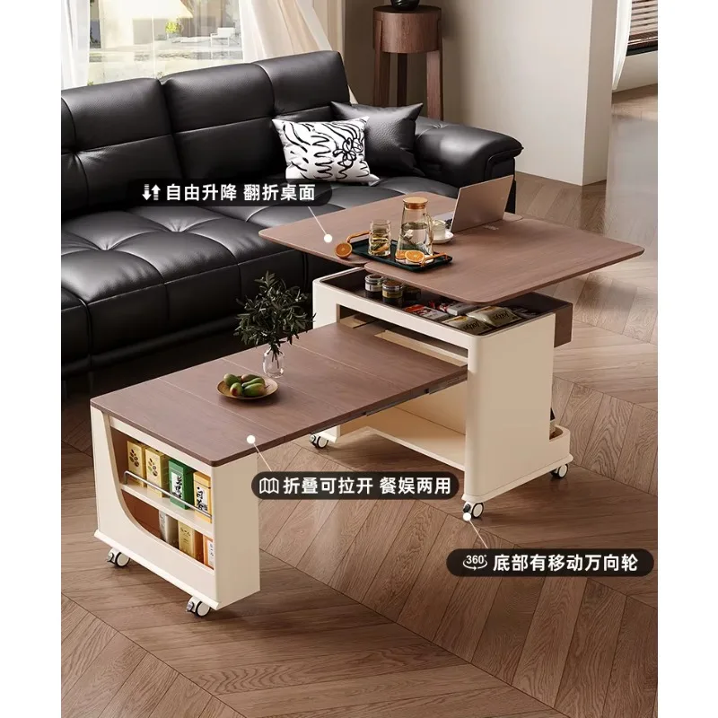 Movable coffee table living room household small apartment medieval cream wind liftable folding trolley sofa side table