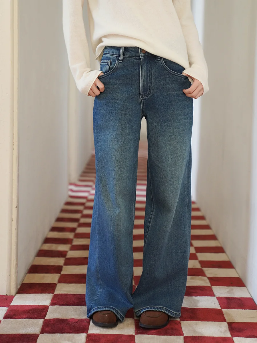 

Джинсы Mouti с высокой талией, утягивающие, из тонкого денима, женские, прямые, широкие штанины, повседневные, синие, из хлопкового стрейч-денима