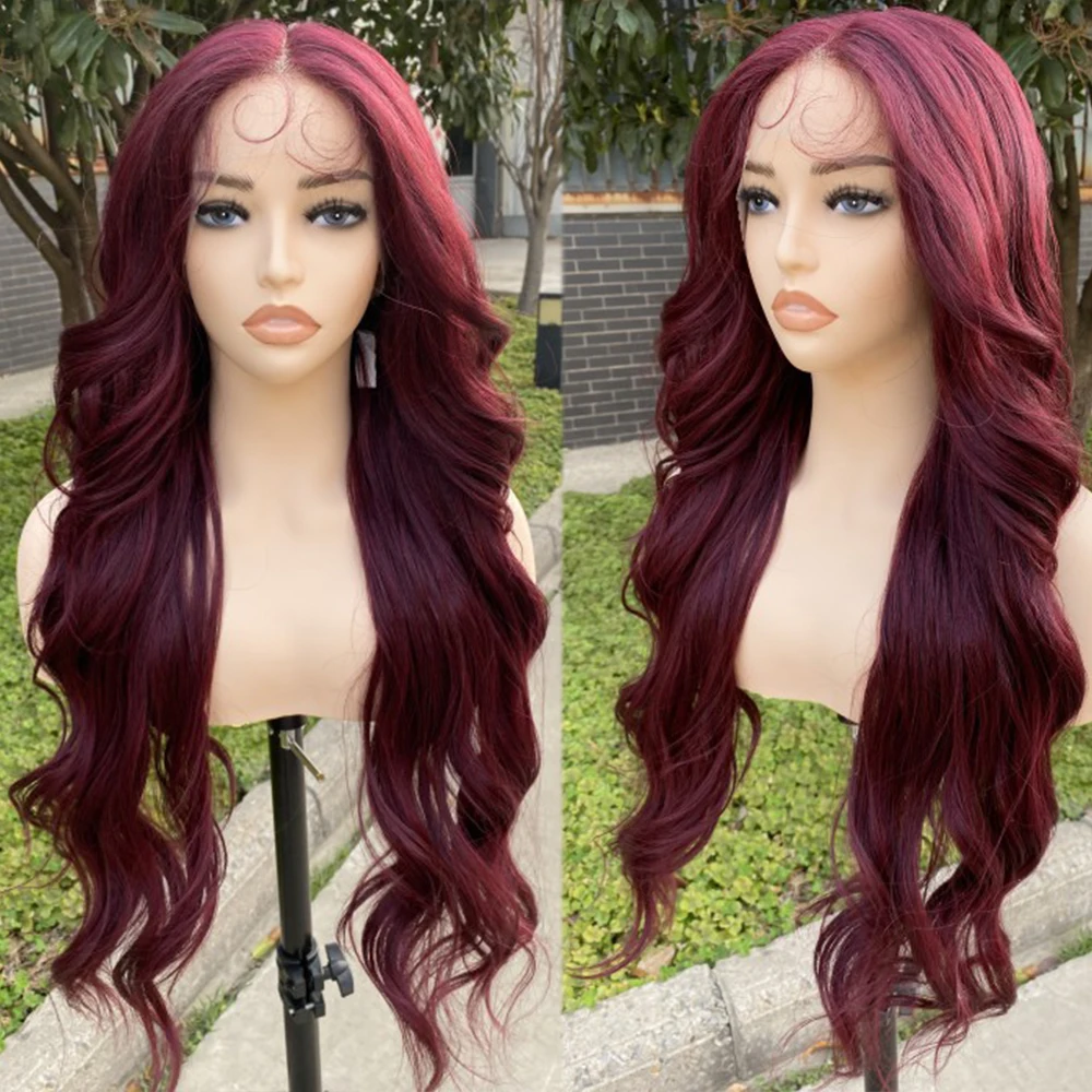 IPARTY Burgundy Synthetic Lace Frontal Wig 28 Inch Body Wave Trendy Hair T Part Lace Wigs with Pre Plucked Baby Hair for Women