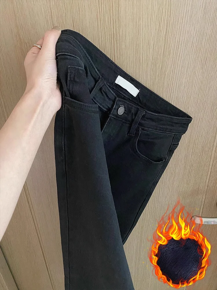 Pear-shaped Figure Black Straight Jeans Women Autumn Winter Fleece-lined Plus Size Chubby Girl Waist Slimming Leg Mopping Pants