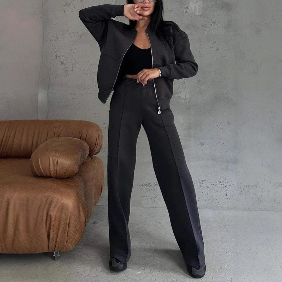 2025 Autumn And Winter Casual Fashion Temperament Solid Color Long-sleeved Zipper Women's Casual Zipper Jacket Wide-leg Pants Tw