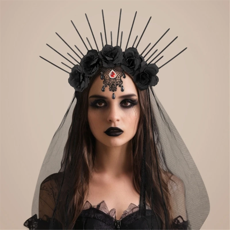 Victorian Punk Flower Queen Headband Women Gothic Black Rose Spiked Crown Hairband with Veil Halloween Party Cosplay Hair Hoop