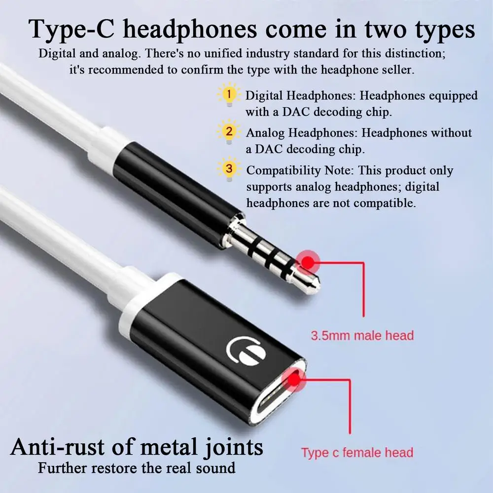 AUX Audio Cable 3.5mm Male to Typec Female Flat Head Earphone to Round Head Car Speaker Adapter Phone Converter Converter