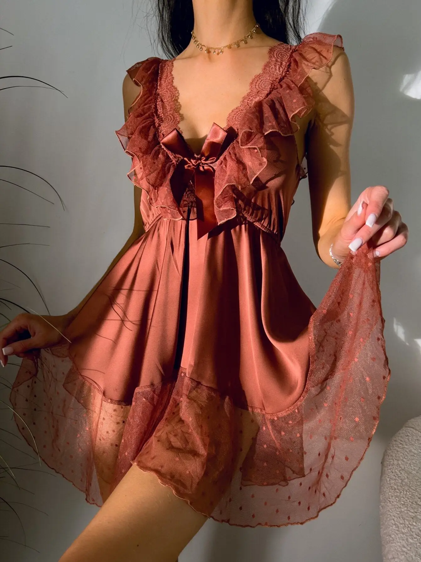 

Rust Satin Babydoll Dress with Lace Ruffle and Bow Front Detail