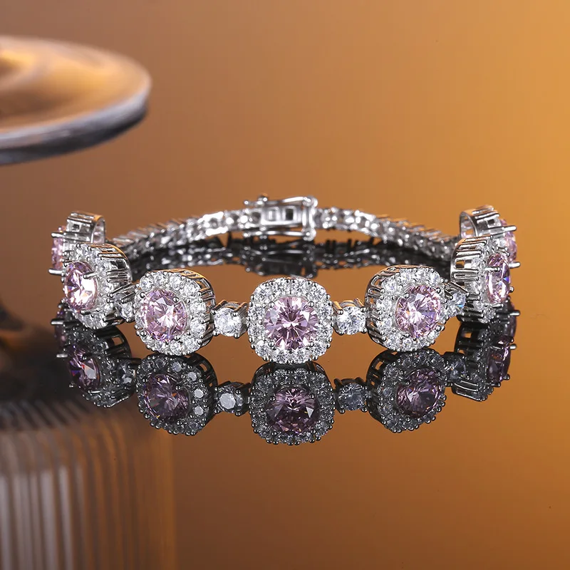 Original Innovation S925 Sterling Silver Full Diamond Bracelet Elegant Fashion Cherry Blossom Pink Valentine'S Day Gift Jewelry