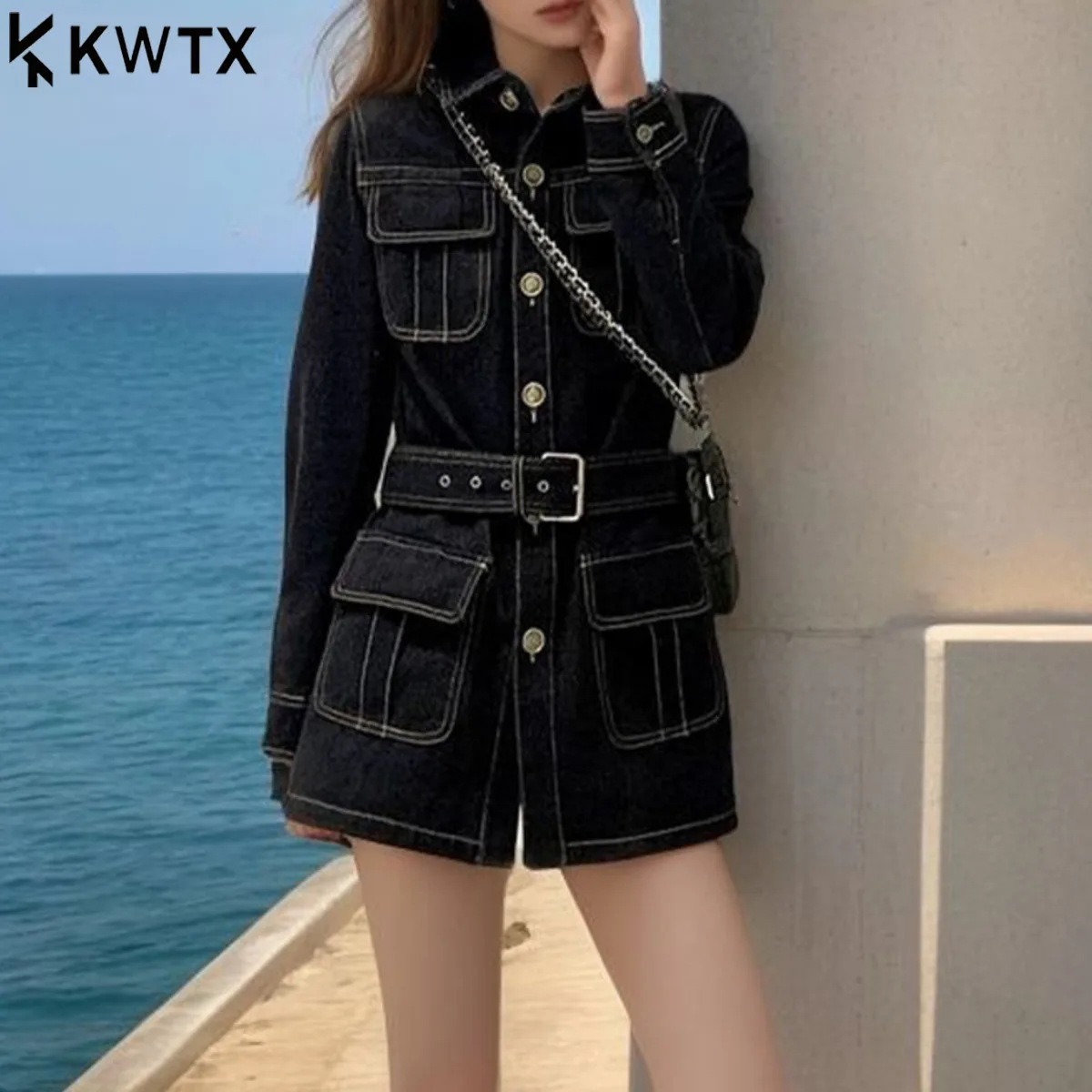 

KWTX Women’s Solid Denim Jacket Dress Coat Lapel Fitted Waist Single-Breasted Vintage Chic Comfortable Luxury 2025 Spring Autumn