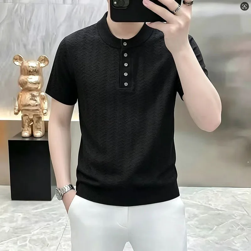 2026 Summer Round Neck Knitted T-shirt for Men Striped Versatile Casual Business T-shirt Short Slim Fit Social Business Tee Top