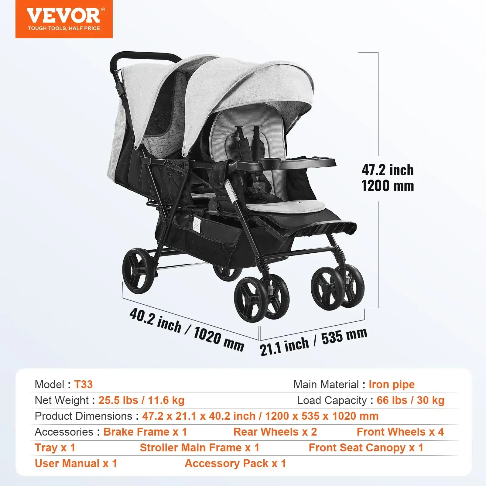 Double Stroller, Foldable Lightweight Twin Tandem Stroller