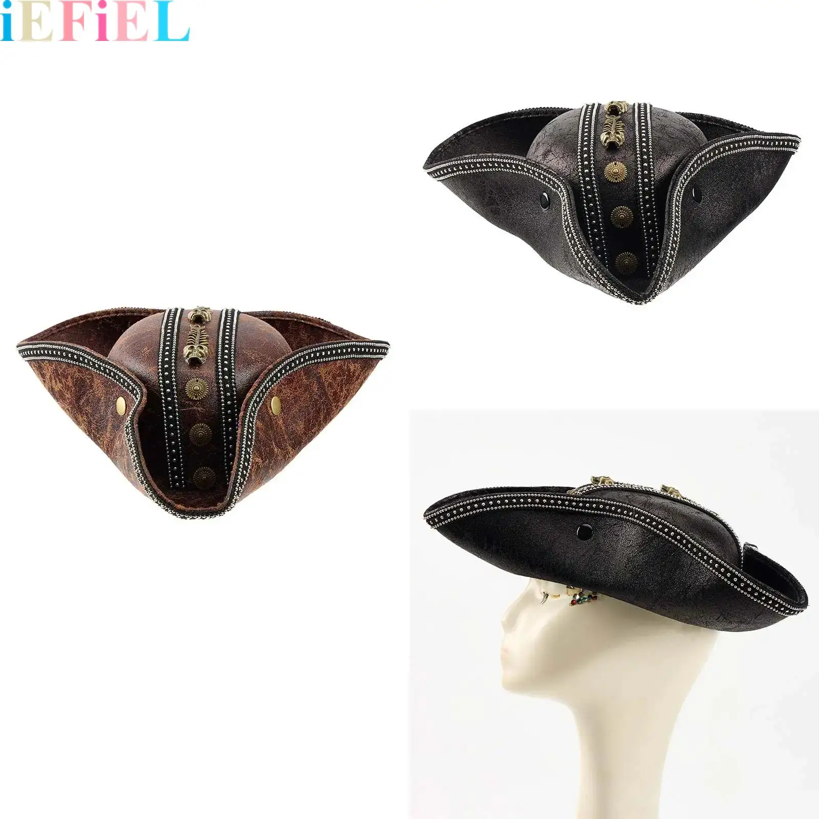 

Пиратская шляпа из искусственной кожи на Хэллоуин, винтажная шляпа капитана с черепом, Colonials, шляпа-треуголка, кепка для мужчин и женщин, маскарадные аксессуары для косплея