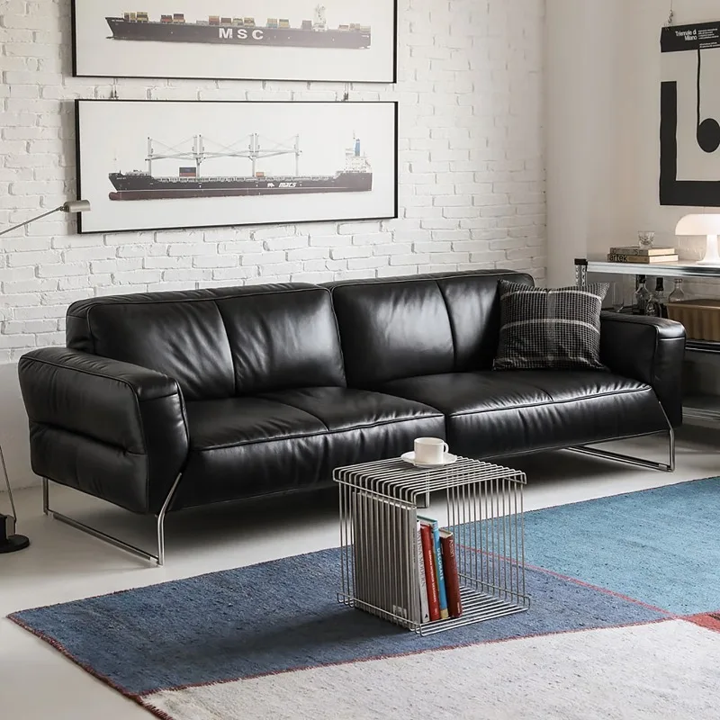 Leather sofa/high backrest stainless steel black, regular black 2.5m all-green first-layer yellow cowhide