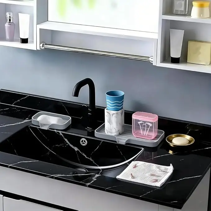 Silicone Sponge Holder with Drain Spout Kitchen Sink Sponge Tray Rubber Soap Dish for Shower Grey 9.5 X 5.9 Inch