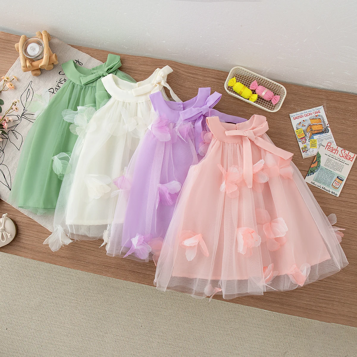 Summer New Baby Girl Solid Color Dress Sweet Bow Children'S Clothing For Birthday Parties (9 Months -4 Years Old)