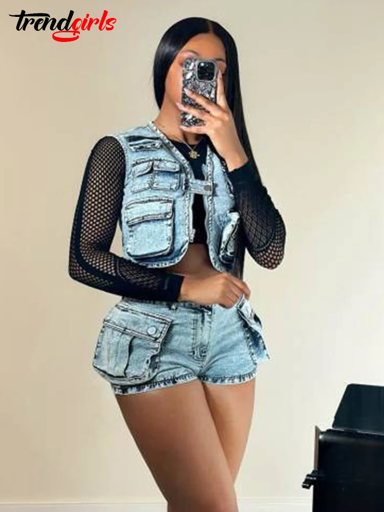 Mlaiscsr Multi Pockets Stretch Jeans Sets for Women 2 pieces Denim Shorts Sleeveless Vest Crop Tops Birthday Club Beach Outfits