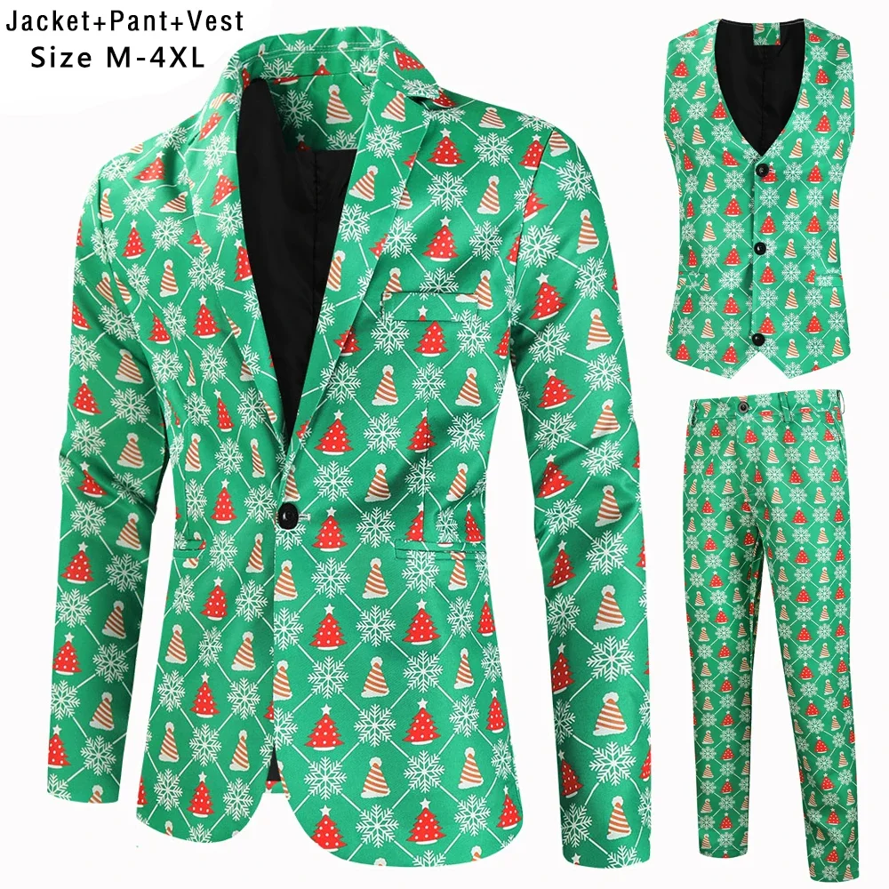 4XL New Red Santa Claus Printed 3 Piece Suits for Men Christmas Party Stage Funny Mens Blazer Sets （ Blazers + Vest + Trousers ）