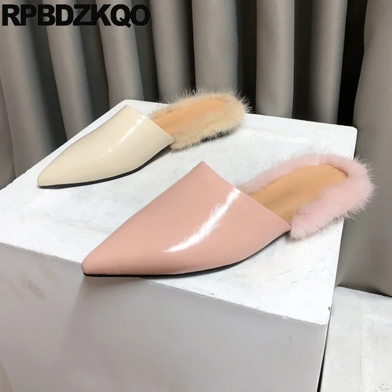 

Fur Fluffy Elegant Mules Half Shoes Slippers Mink Pointed Toe Slides Cow Skin Real Leather Latest Sandals Fall Women Flats Fuzzy