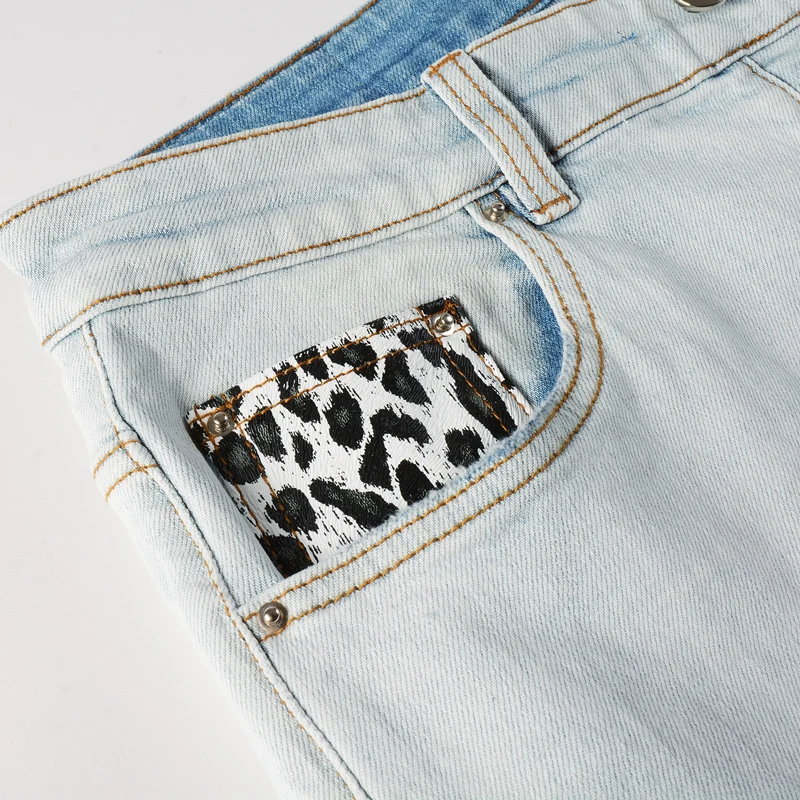 y2kstreet designer fashion new men's light blue jeans washed nostalgic stretch slim fit cashew flower patch jeans hip-hop bran