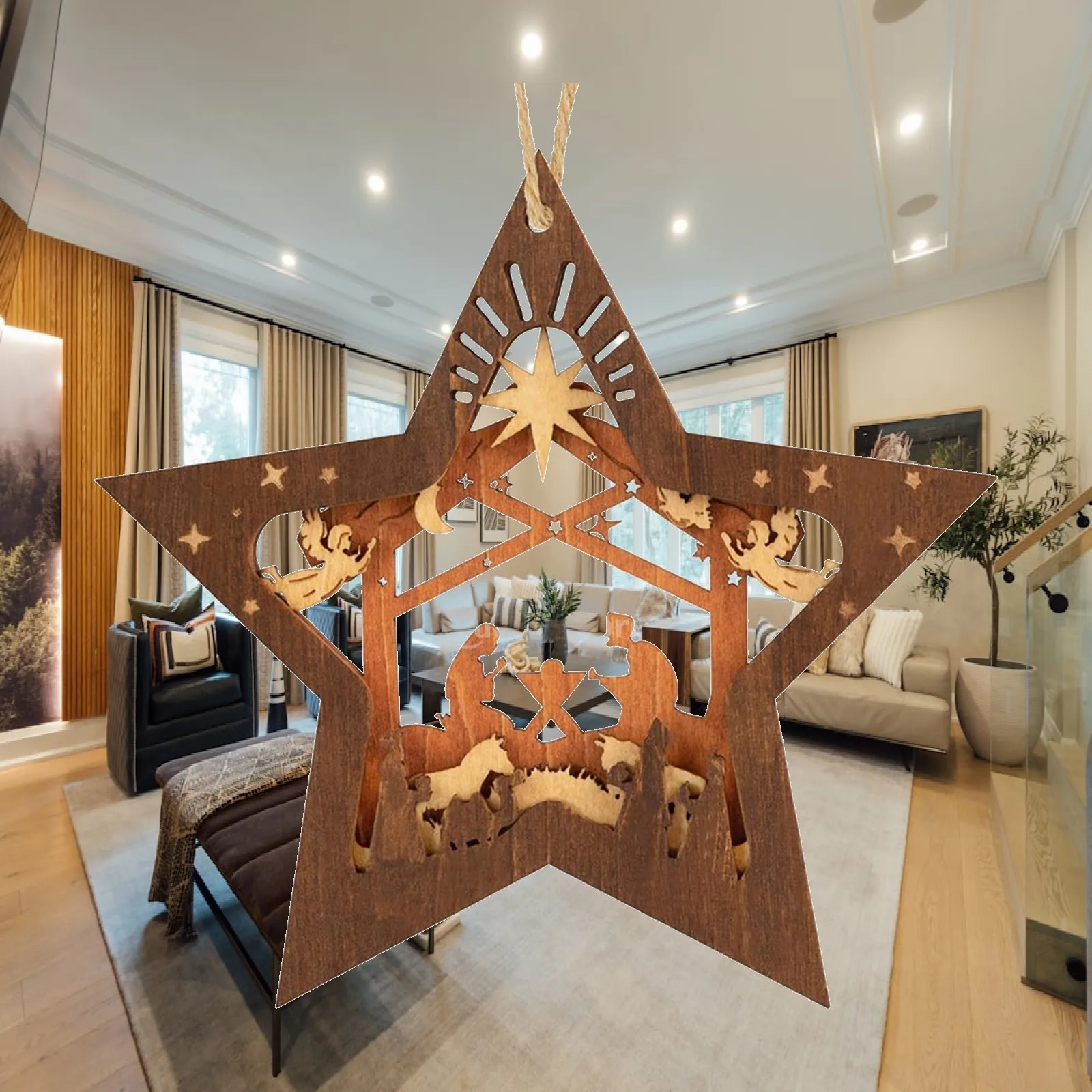 Star Shape Wooden Nativity Scene Christmas Ornament Jesus Hanging Decor for Indoor Tree Wall Home Christian Gift
