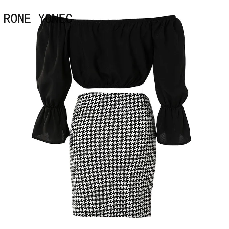 Women Chic with Belt Slash Small V Neck Three Quarter Sleeves Houndstooth Pattern Bottom& Solid Top Bodycon Skirt Sets