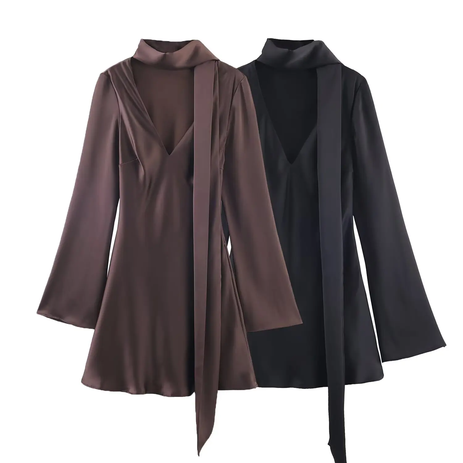 Sukienka damska BSAY z satynową teksturą, modna na jesień i zimę, nowość 2025, długi rękaw, dekolt w serek, francuska sukienka wieczorowa.