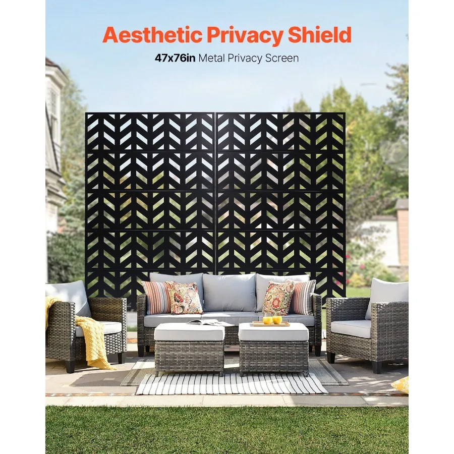 Outdoor Privacy Screen 47 W x 72 H 5-Panel Freestanding Steel Divider with Stand Black Decorative Garden Balcony Patio Indoor R