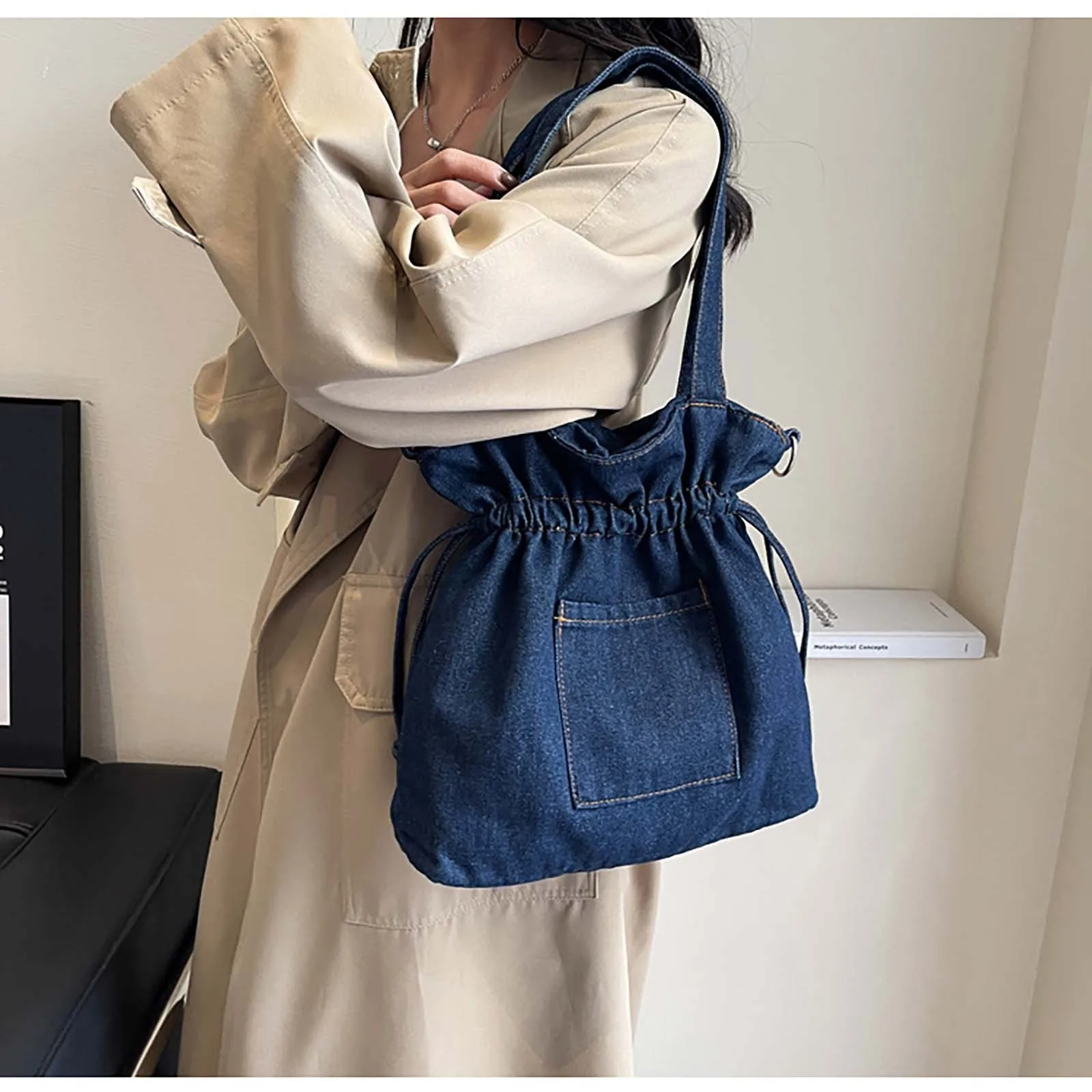 

Women'S Artistic Drawstring Bucket Bag Simple And Versatile Oxford Cloth Shoulder Messenger Bag Wear-Resistant And Durable