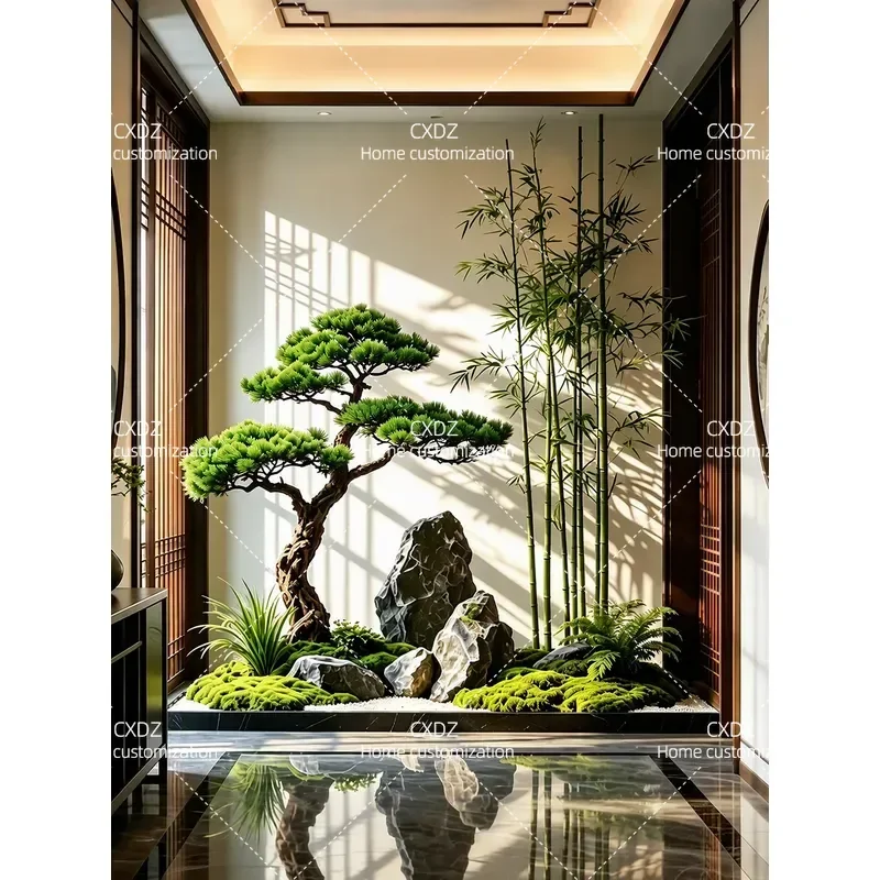 New Chinese-style simulated welcome pine tree, landscaping plants under indoor stairs, landscape entrance, window decoration,