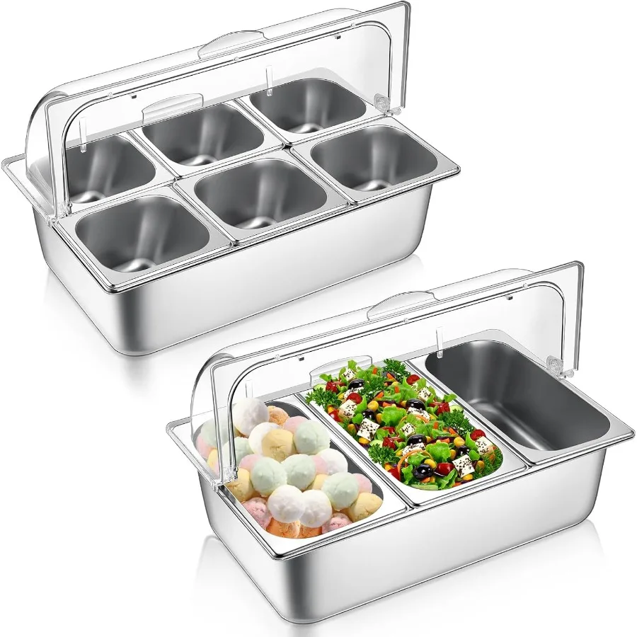 

2 Pack Countertop Food Serving Display Container Stainless Steel Food Serving Tray Buffet Condiment Dispenser Display Rack with