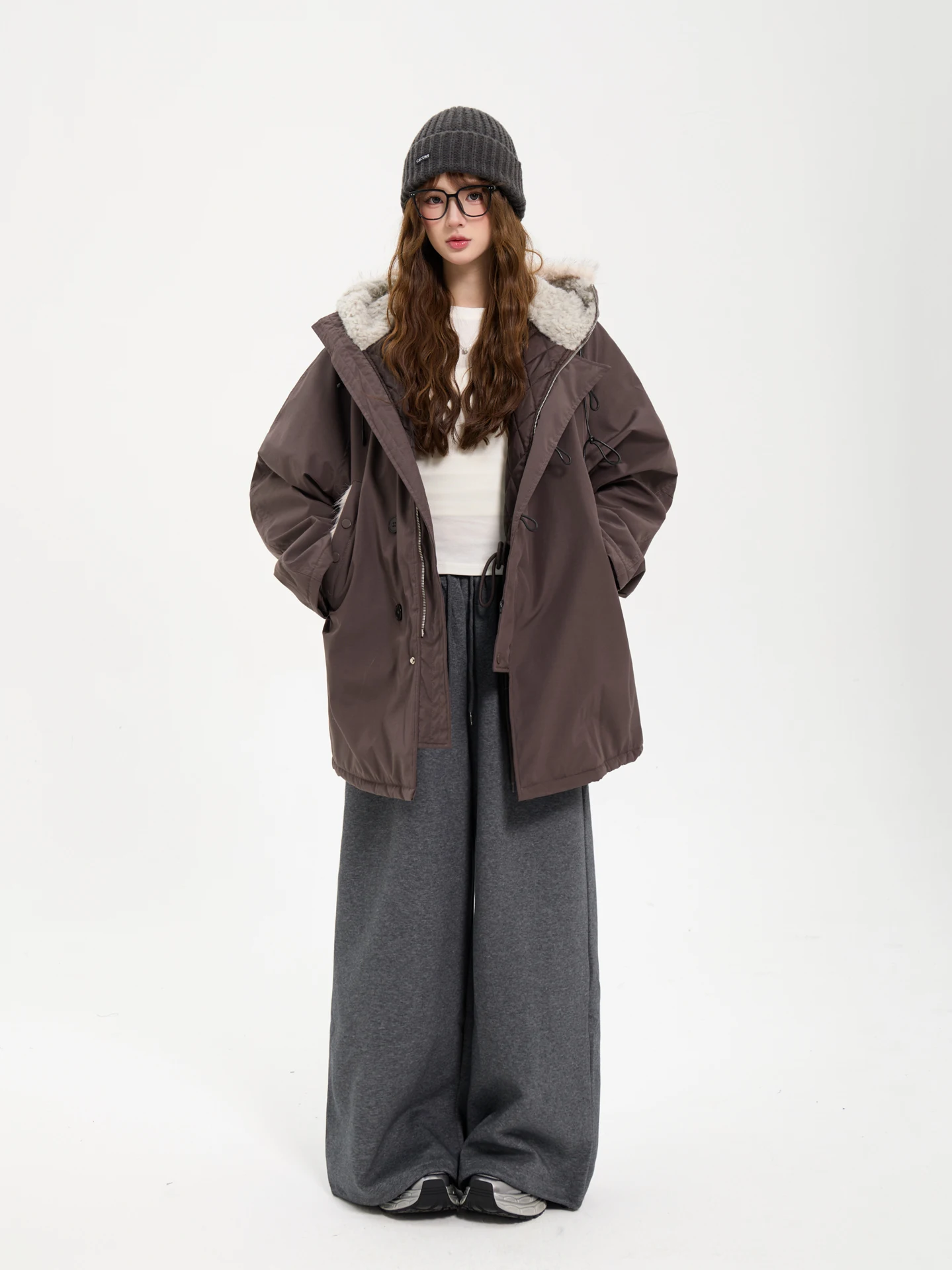 

7KEEWEN Winter American Retro Thiened Hooded Cotton Jaet Coat Middle-Length Fur Collar Warm Street Sle Women's Coat