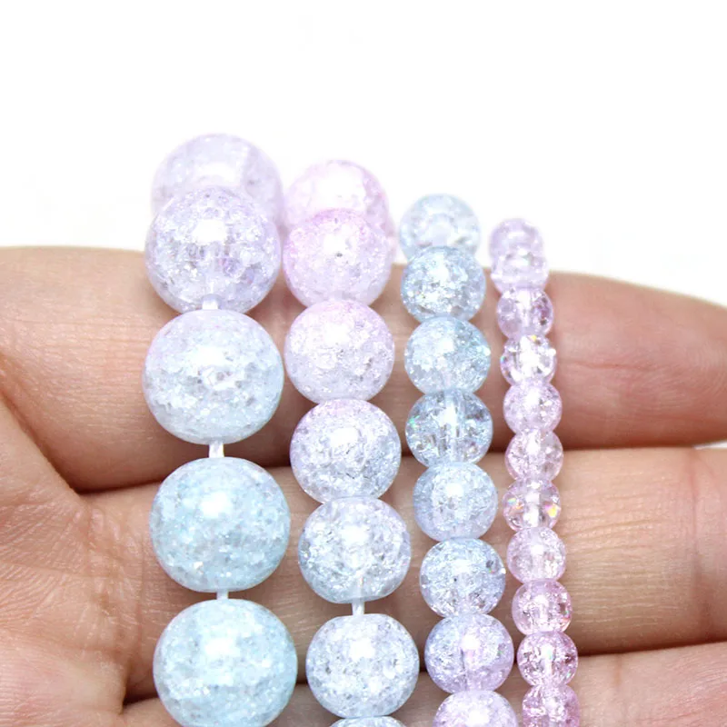 Natural Pink Blue Snow Cracked Crystal Stone Round Loose Beads For Jewelry Making DIY Necklace Bracelet 15inches 4/6/8/10mm