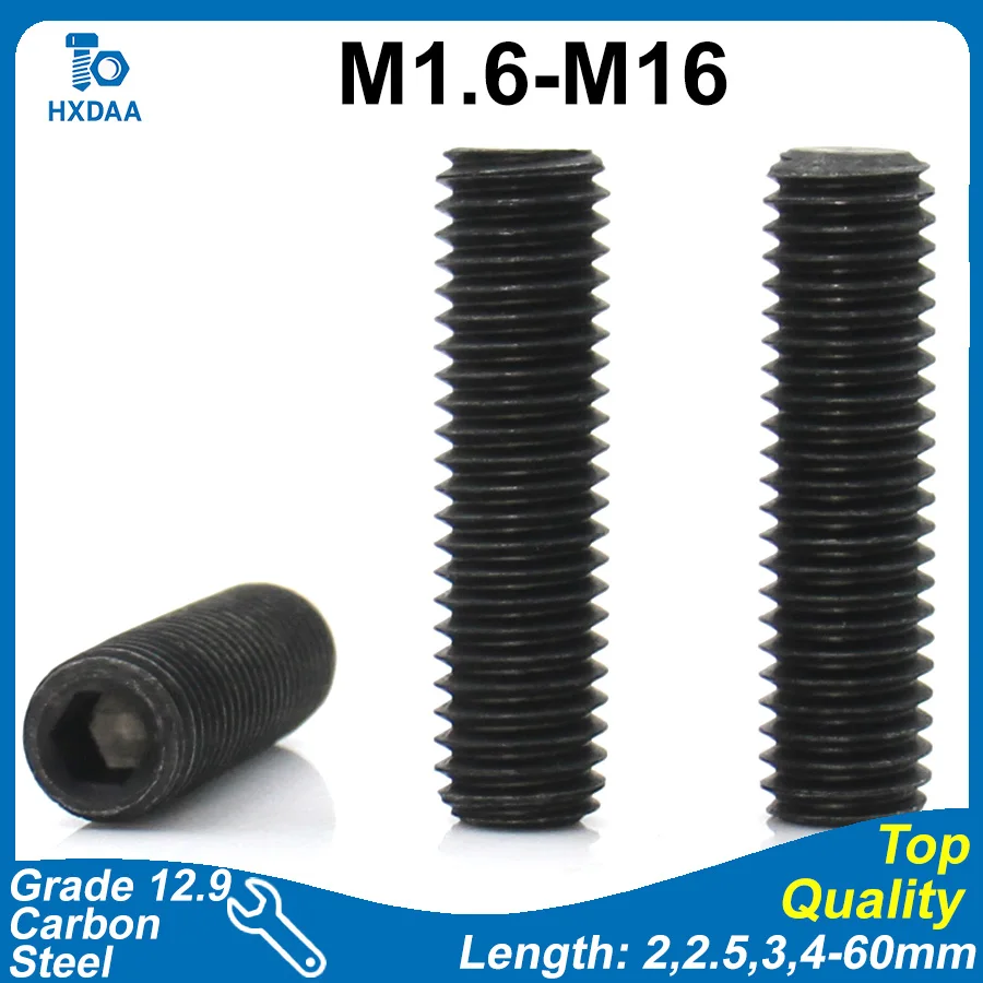Grade 12.9 Carbon Steel Hex Socket Flat Point Set Screws DIN913 Grub Screw M1.6 M2 M2.5 M3 M4 M5 M6 M8 M10 M12 M14 M16