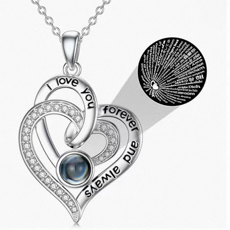 

925 Sterling Silver Necklace w/ Crystal Clear Chain - 100 Languages I Love You Heart Projection, Mother's Day Gift for Her