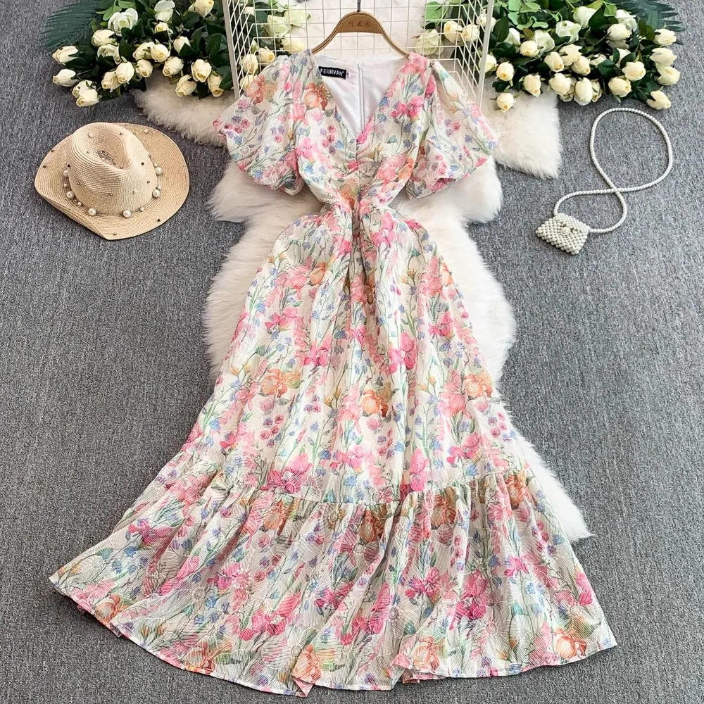 

Винтажное платье с цветочным принтом, женское элегантное уличное платье с v-образным вырезом, праздничное платье, облегающее платье с пышными рукавами, женская одежда