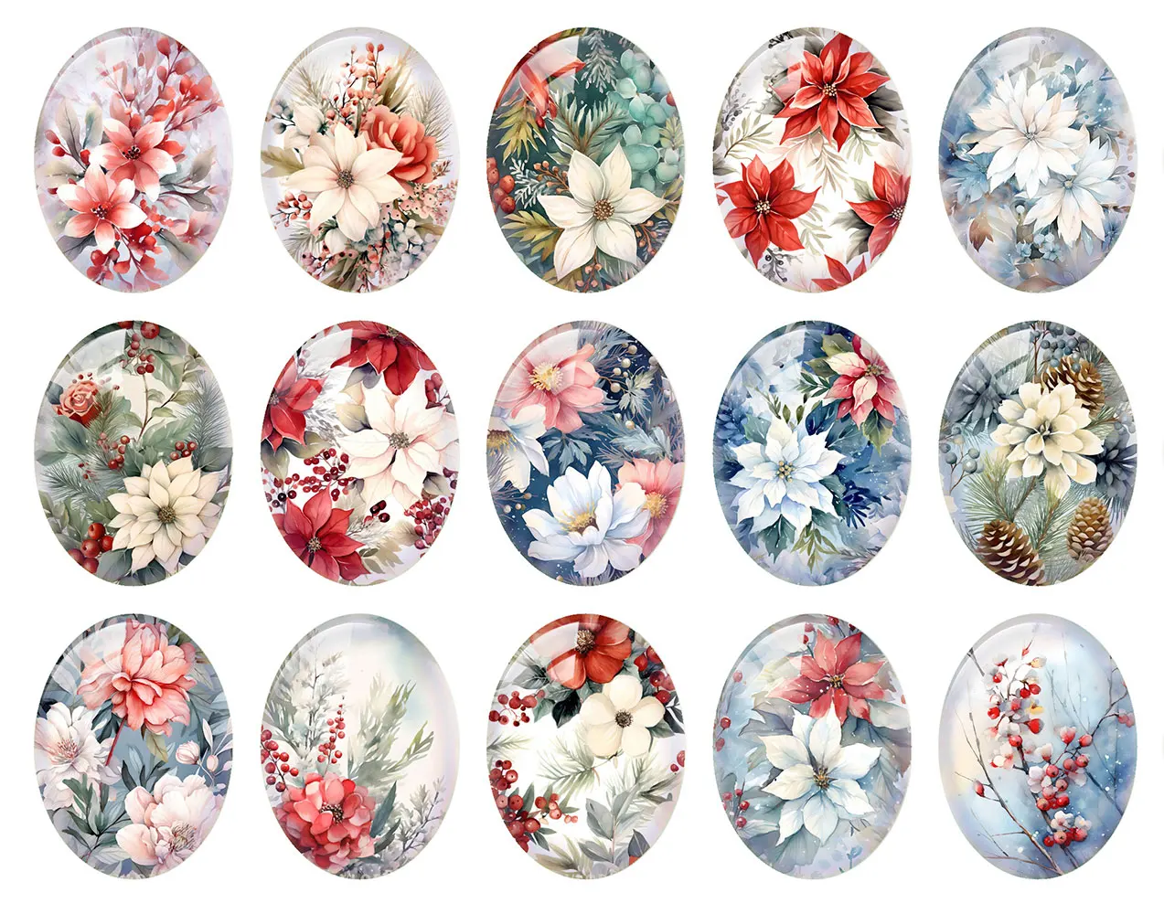 10pcs/lot Christmas Winter Flower Oval Photo Glass Cabochon Flatback Charms Demo Flat Back Cameo For Diy Jewelry Making