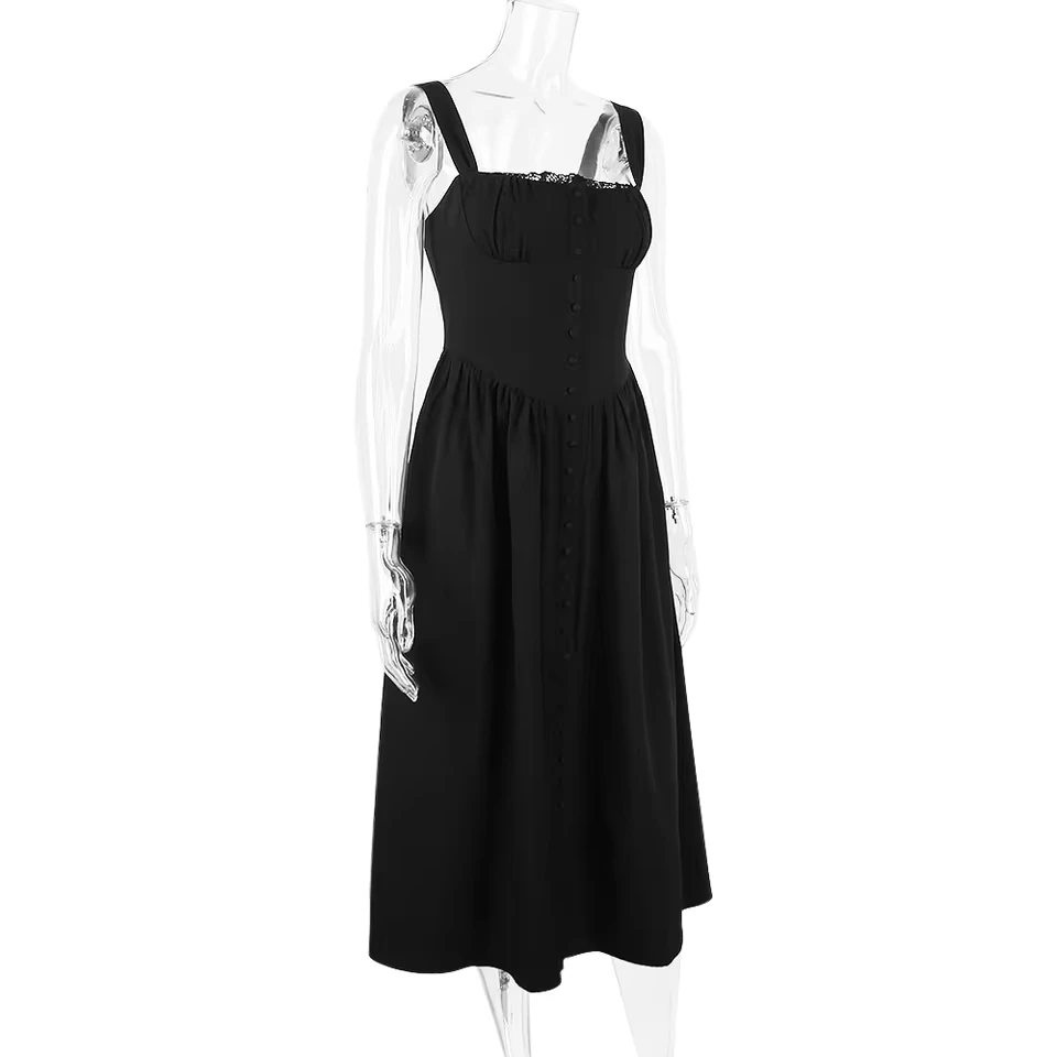 

Summer Black Spaghetti Strap Holiday Party Dresses Elegant Midi Button Lace Up Dress Casual Women New In Dress 2025