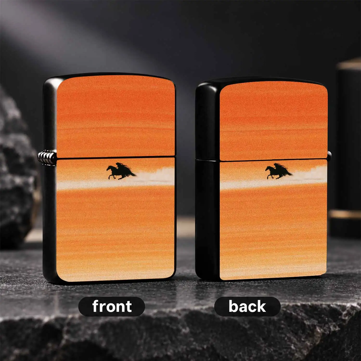 Vintage Aesthetic Orange Galloping Horse Rider Silhouette Lighter, Stylish Art Pattern Portable Igniter For Daily Use, Multi-Scene Practical Ignition Tool For Outdoor Trip Home Office, Exquisite Unique Gift For Friends A Humorous And Intere